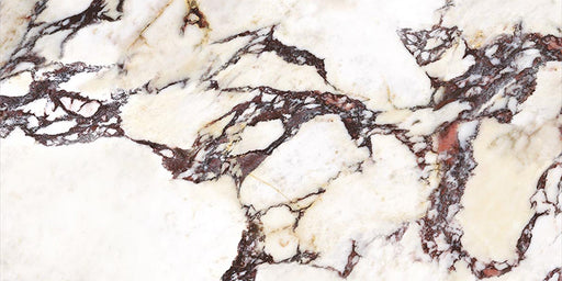 Close-up of Grand Violetta Polished Marble effect 60 × 120cm porcelain tile, featuring a soft cream base with bold burgundy and charcoal veining, subtle golden accents, and a high-gloss finish that enhances depth and movement.
