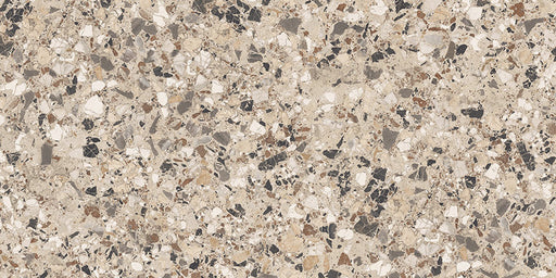 Close-up of Vito Dolomite 60x120cm terrazzo style porcelain tile highlighting its textured 4D brushed finish. The warm beige surface is scattered with ivory, taupe, grey and charcoal stone fragments in varying sizes, creating an authentic terrazzo effect with added depth and texture.
