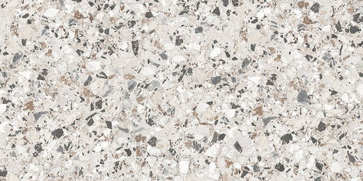 Close-up of the Vito Moonstone 60x120cm terrazzo style porcelain tile, featuring a soft light grey base with a blend of white, silver, charcoal and taupe stone fragments. The realistic 4D brushed finish enhances the texture and depth, creating an authentic terrazzo effect.