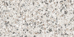 Close-up of the Vito Moonstone 60x120cm terrazzo style porcelain tile, featuring a soft light grey base with a blend of white, silver, charcoal and taupe stone fragments. The realistic 4D brushed finish enhances the texture and depth, creating an authentic terrazzo effect.