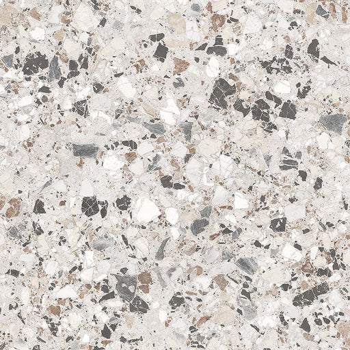 Close-up of the Vito Moonstone 60x60cm terrazzo style porcelain tile, featuring a soft light grey base with a blend of white, silver, charcoal and taupe stone fragments. The realistic 4D brushed finish enhances the texture and depth, creating an authentic terrazzo effect.