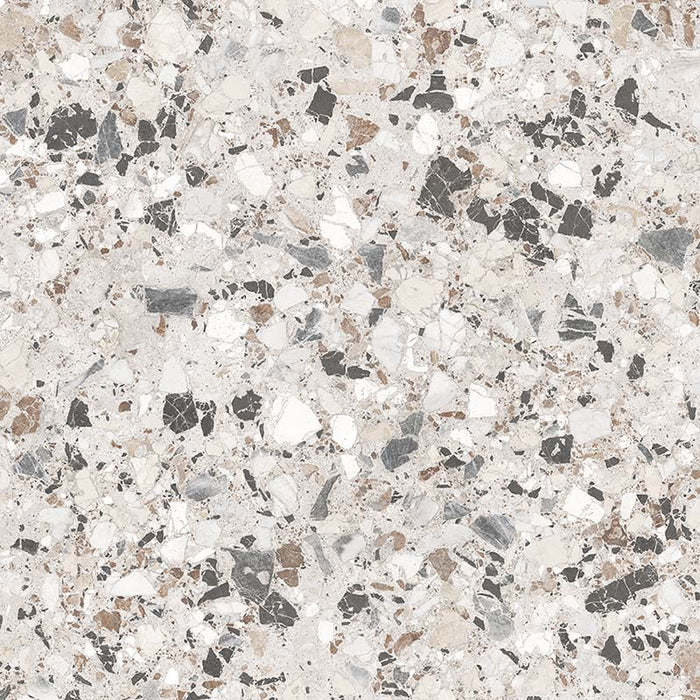 Close-up of the Vito Moonstone 60x60cm terrazzo style porcelain tile, featuring a soft light grey base with a blend of white, silver, charcoal and taupe stone fragments. The realistic 4D brushed finish enhances the texture and depth, creating an authentic terrazzo effect.