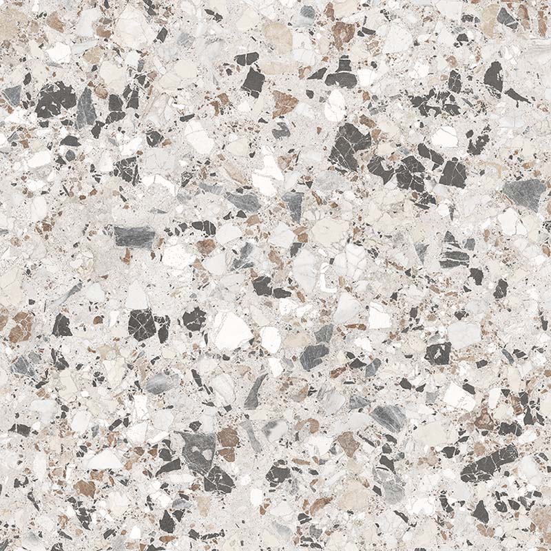 Close-up of the Vito Moonstone 60x60cm terrazzo style porcelain tile, featuring a soft light grey base with a blend of white, silver, charcoal and taupe stone fragments. The realistic 4D brushed finish enhances the texture and depth, creating an authentic terrazzo effect.