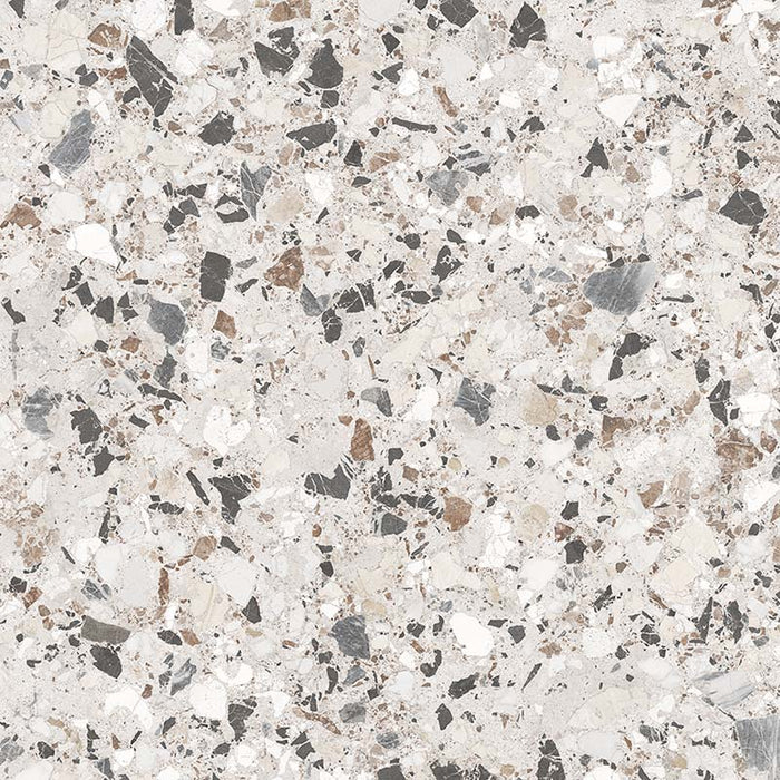 Close-up of the Vito Moonstone 60x60cm terrazzo style porcelain tile, featuring a soft light grey base with a blend of white, silver, charcoal and taupe stone fragments. The realistic 4D brushed finish enhances the texture and depth, creating an authentic terrazzo effect.
