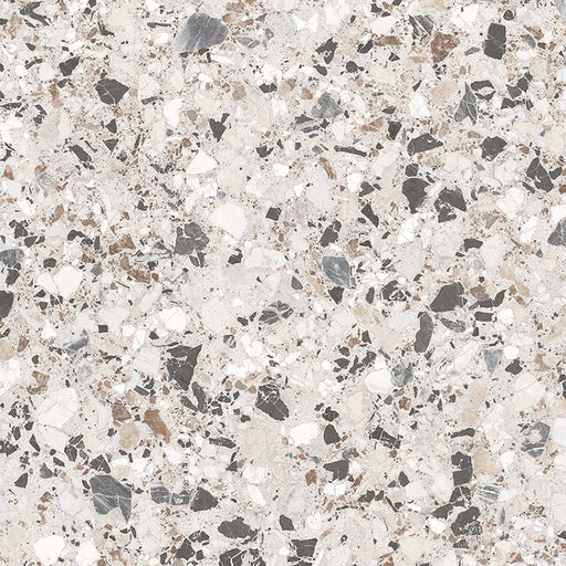 Close-up of the Vito Moonstone 60x60cm terrazzo style porcelain tile, featuring a soft light grey base with a blend of white, silver, charcoal and taupe stone fragments. The realistic 4D brushed finish enhances the texture and depth, creating an authentic terrazzo effect.
