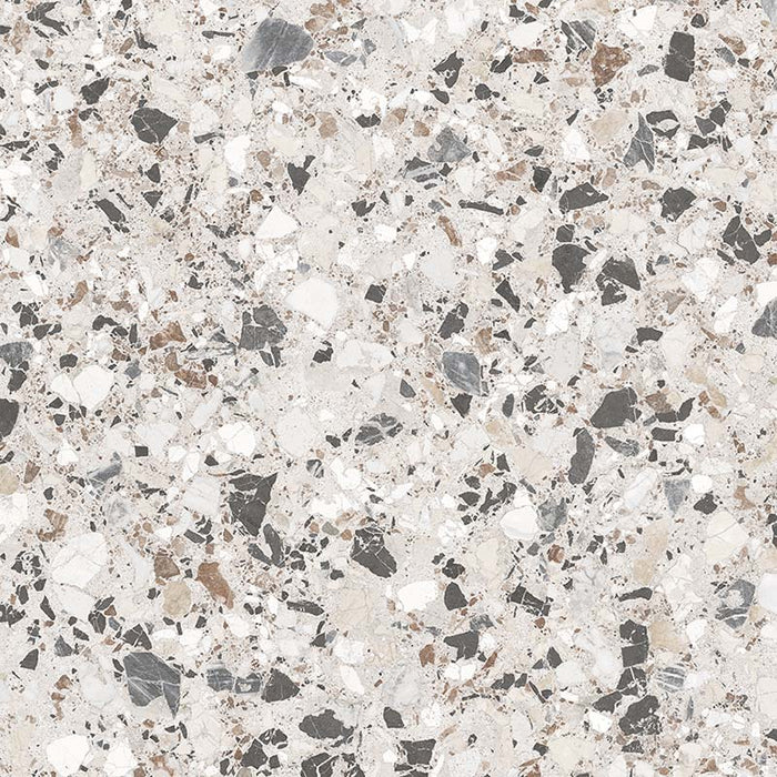 Close-up of the Vito Moonstone 60x60cm terrazzo style porcelain tile, featuring a soft light grey base with a blend of white, silver, charcoal and taupe stone fragments. The realistic 4D brushed finish enhances the texture and depth, creating an authentic terrazzo effect.