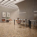 Contemporary office interior featuring Vito Umbar 60x120cm terrazzo style porcelain floor tiles with a rich amber-brown base and a blend of ochre, cream, rust, charcoal and soft grey stone fragments. The realistic 4D brushed finish adds texture and depth, complementing the warm neutral palette and modern architectural design.
