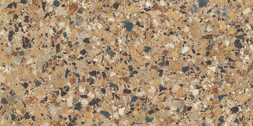 Close-up of the Vito Umbar 60x120cm terrazzo style porcelain tile, highlighting its rich amber-brown base with a blend of ochre, cream, rust, charcoal and soft grey stone fragments. The realistic 4D brushed finish enhances the texture and depth, creating an authentic terrazzo effect.