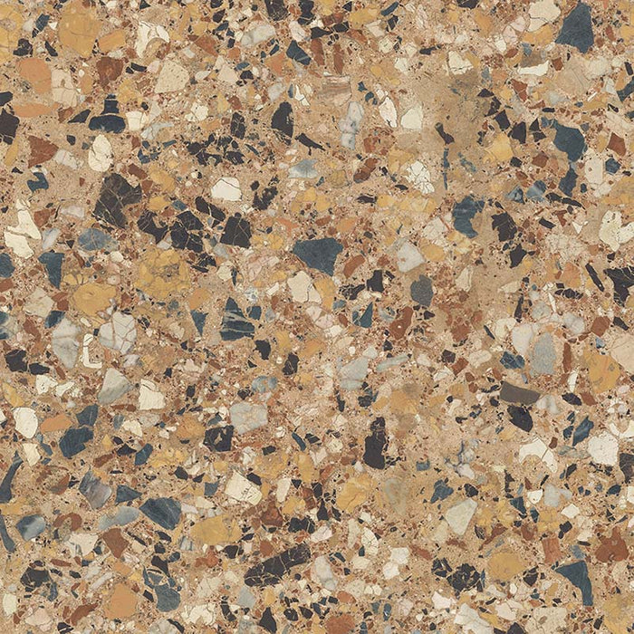 Close-up of the Vito Umbar 60x60cm terrazzo style porcelain tile, featuring a rich warm amber-brown base with a blend of ochre, cream, rust, charcoal and soft grey stone fragments. The realistic 4D brushed finish enhances the texture and depth, creating an authentic terrazzo effect.