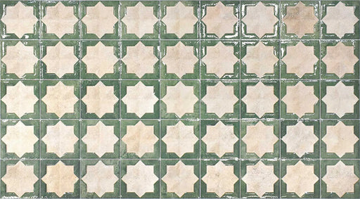 Close-up of Zeina Moroccan Emerald Green ceramic wall tiles featuring a Moroccan style geometric star pattern in soft white and rich emerald green with a glossy finish and subtle aged effect, suitable for kitchen splashbacks, bathroom walls and feature walls.