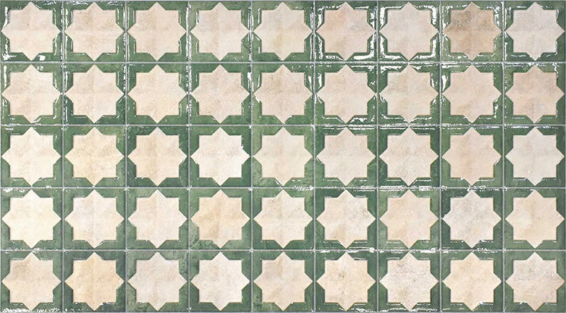 Close-up of Zeina Moroccan Emerald Green ceramic wall tiles featuring a Moroccan style geometric star pattern in soft white and rich emerald green with a glossy finish and subtle aged effect, suitable for kitchen splashbacks, bathroom walls and feature walls.