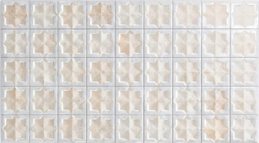 Close-up of Zeina Moroccan Natural White ceramic wall tiles featuring a repeating Moroccan style geometric star pattern in soft white and warm natural tones, with a glossy glazed finish, subtle shade variation and handcrafted-inspired detailing.