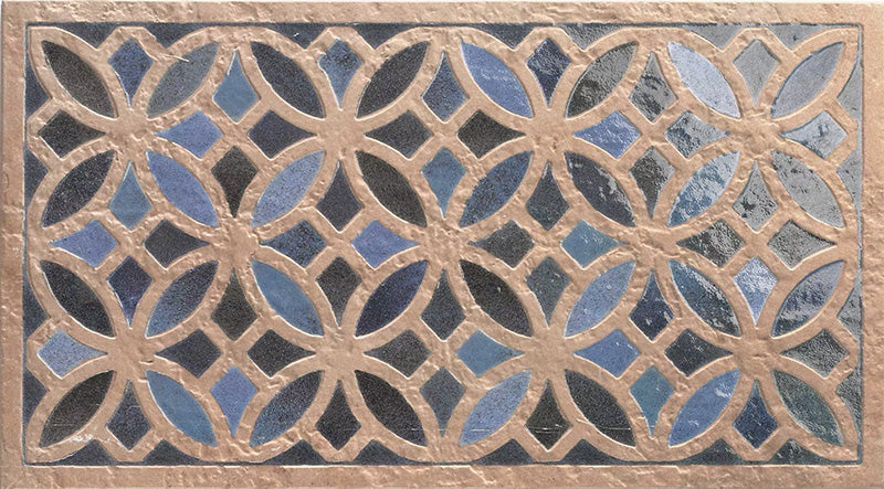 Close-up of Ziza Azure Blue Moroccan style decorative porcelain wall tile, featuring an intricate interlocking geometric floral pattern in rich azure blue, charcoal, soft grey and warm beige tones with a gently aged finish, perfect for creating statement bathroom walls, kitchen splashbacks and feature walls with timeless Moroccan-inspired character.