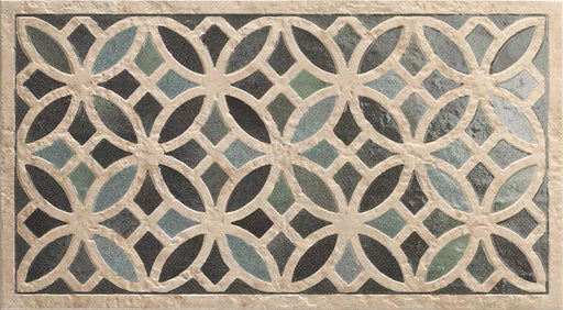 Close-up of Ziza Emerald Green Moroccan style decorative porcelain wall tile, featuring an intricate interlocking geometric floral pattern in rich emerald green, charcoal, soft sage and warm beige tones with a gently aged finish, perfect for creating statement bathroom walls, kitchen splashbacks and feature walls with timeless Moroccan-inspired character.
