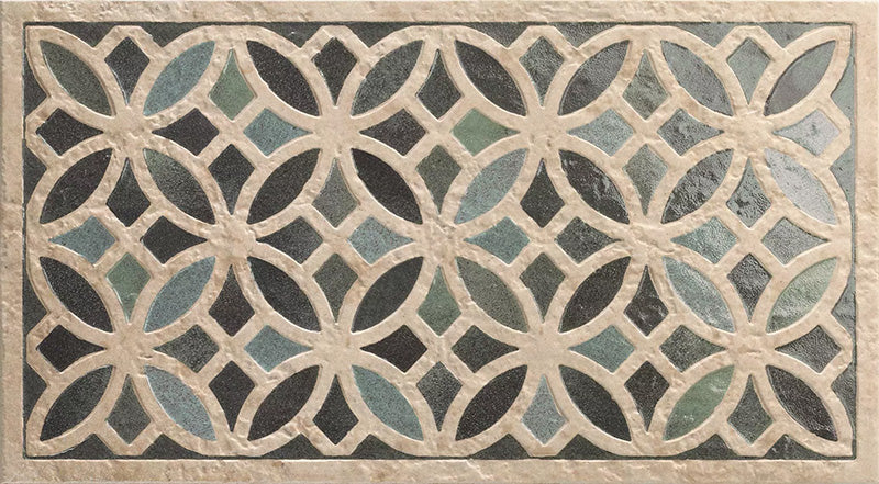 Close-up of Ziza Emerald Green Moroccan style decorative porcelain wall tile, featuring an intricate interlocking geometric floral pattern in rich emerald green, charcoal, soft sage and warm beige tones with a gently aged finish, perfect for creating statement bathroom walls, kitchen splashbacks and feature walls with timeless Moroccan-inspired character.