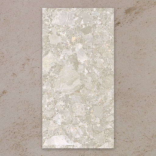 Contract Pebble Rock Avorio porcelain tile 60x120, stone-effect design with layered pebble fragments in beige and ivory shades