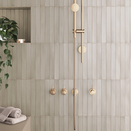 Maldives Almond Matt 5x40 wall tiles in a modern shower space, featuring a subtle satin finish and warm beige Mediterranean styling.