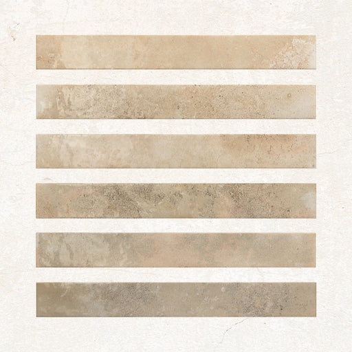 Almond gloss 5x40 tiles showing natural colour variation and smooth glazed surface.