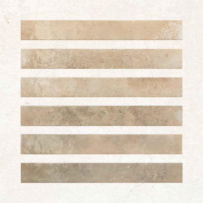 Almond gloss 5x40 tiles showing natural colour variation and smooth glazed surface.