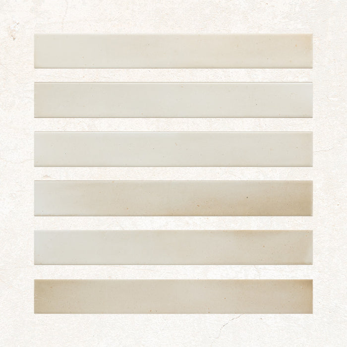 Maldives Almond Matt 5x40 porcelain tiles in a warm beige tone with subtle shade variation, shown as individual wall tiles