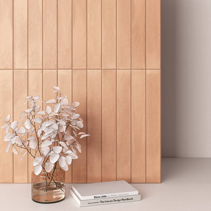Vertical wall tiles in Maldives Clay matt porcelain, featuring warm clay tones and soft variation in a contemporary interior.