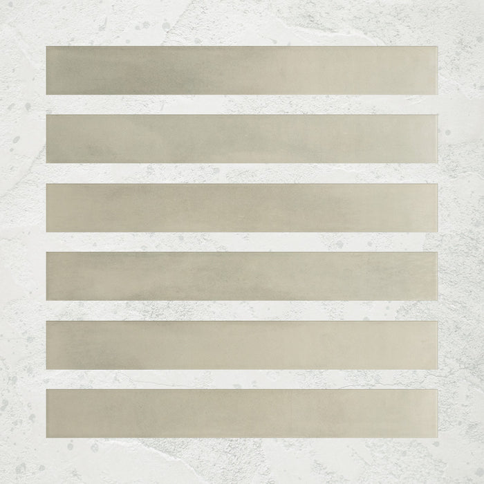 Maldives Jade 5x40 porcelain tiles in a warm Green tone, showing natural shade variation and matt surface detail.