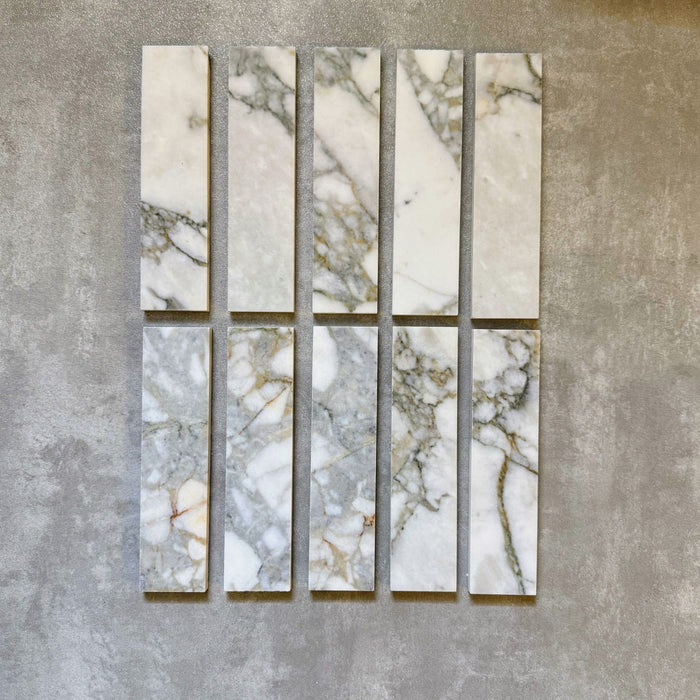 FULL TILE SAMPLE Fitzrovia Honed Calacatta Green Marble | Wall & Floor Brick Tiles | 5cm x 20cm