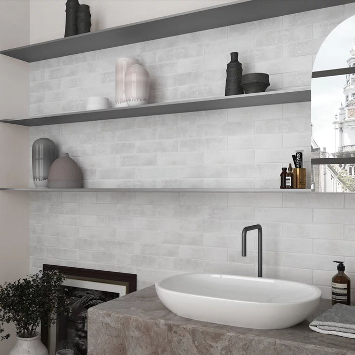 Shoreditch Brick Ice White Matt Porcelain Wall Tiles & Floor Tiles 6cm x 24.6cm Kitchen Tiles FULL TILE SAMPLE