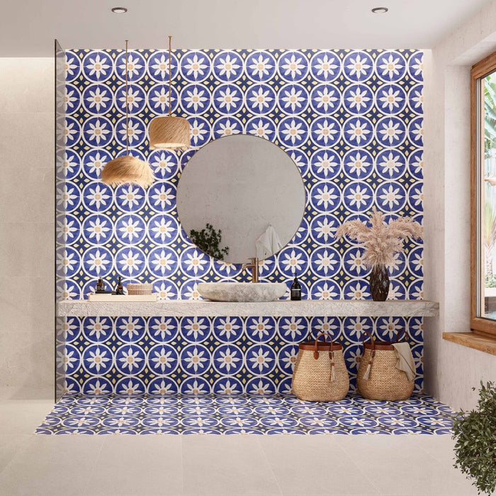 FULL TILE SAMPLE Santillana Blue and Yellow Pattern Decor wall & Floor tile 25cm x 25cm