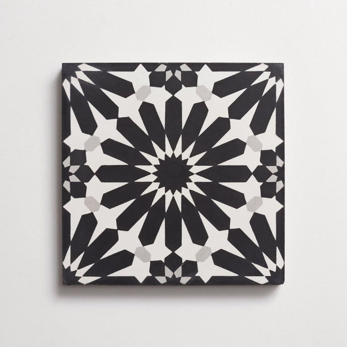 Fizaan Federal Black & White Moroccan Indoor Outdoor Wall Floor Tiles 20cm x 20cm FULL TILE SAMPLE