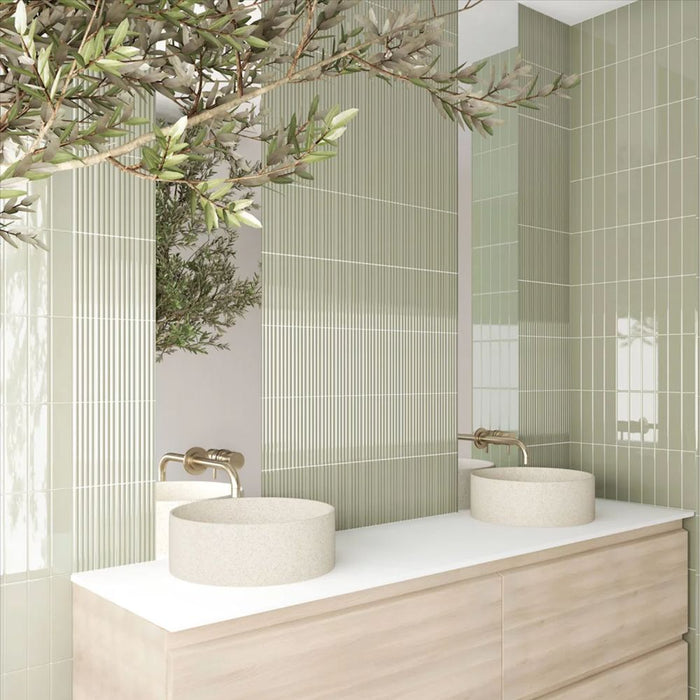 Rippled Brick 3D DECOR Tile | Tansy Green | Gloss | 5cm x 20cm FULL TILE SAMPLE