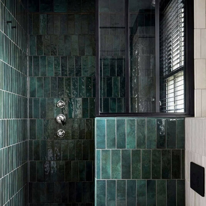 Zellij Tile | Brick | Gloss Green Moroccan Handmade Tile Style | 6.5cm x 20cm FULL TILE SAMPLE