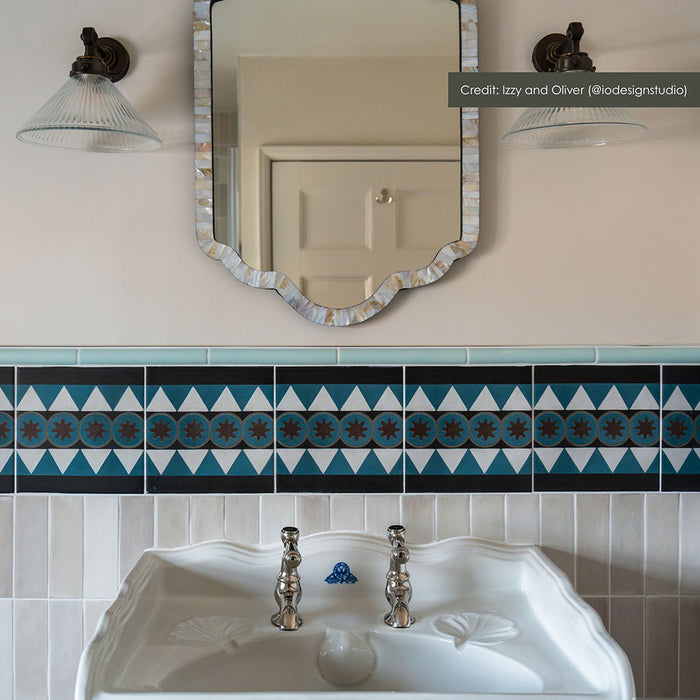 Bathroom vanity featuring Maison Minister 20 × 20cm Victorian style ceramic border tiles, showcasing a geometric pattern in deep teal, soft aqua, and warm brown tones, paired with white wall tiles, a classic basin, and vintage-style fittings for a timeless, characterful finish.