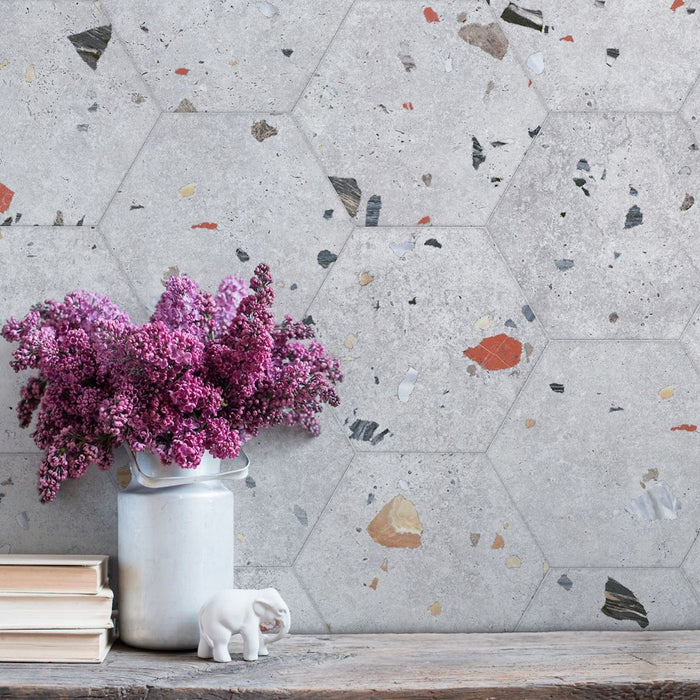 Tulsa Silver Terrazzo Hexagon Wall & Floor Tiles 25cm x 22cm