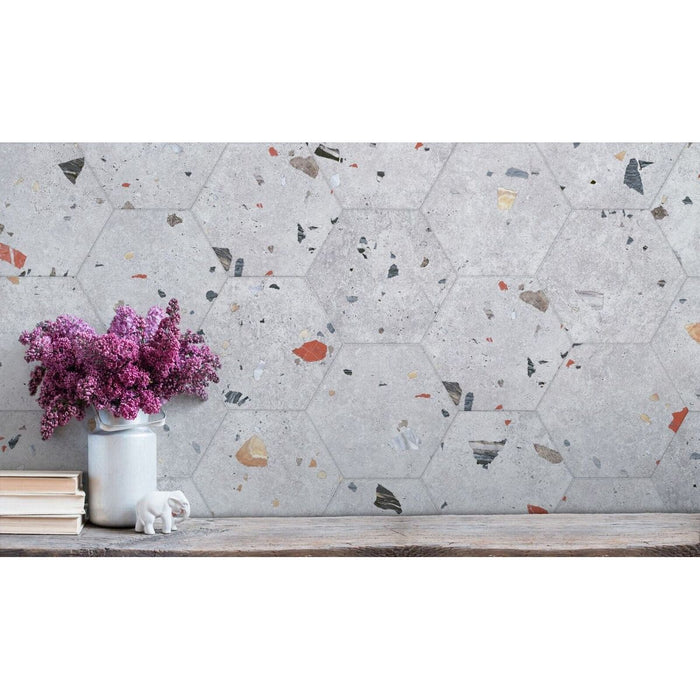 Tulsa Silver Terrazzo Hexagon Wall & Floor Tiles 25cm x 22cm