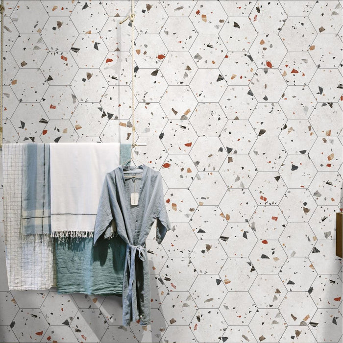 Tulsa White Terrazzo Hexagon Wall & Floor Tiles 25cm x 22cm