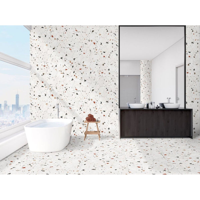 Tulsa White Terrazzo Hexagon Wall & Floor Tiles 25cm x 22cm