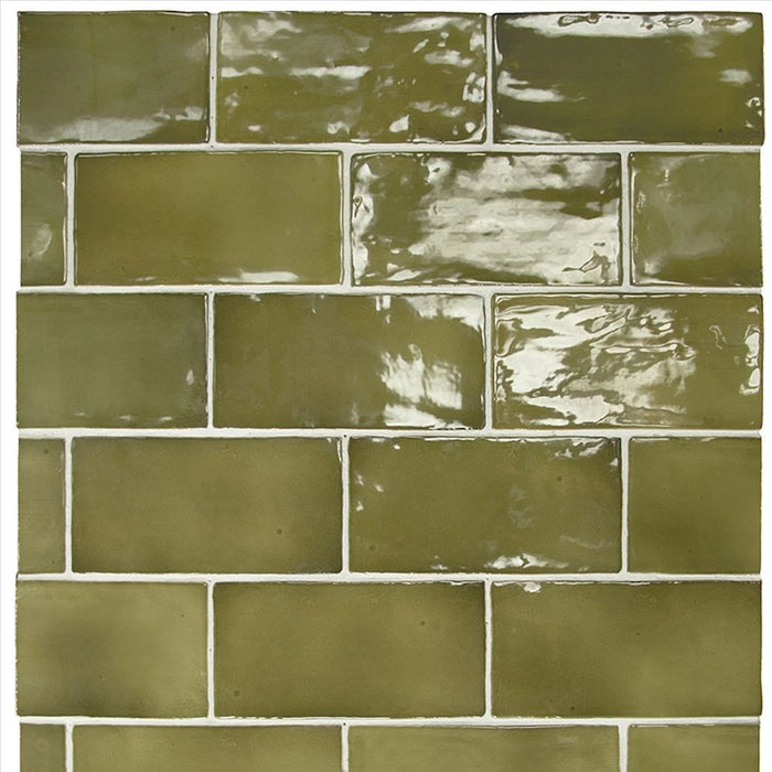 Normandie Basil Green Rustic Effect Gloss Wall Tiles 7.5cm x 15cm