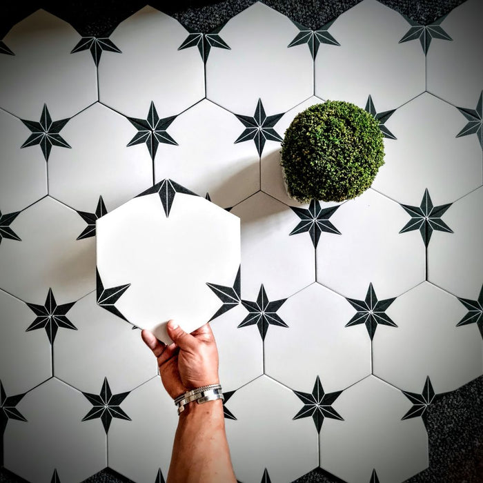 Pole Star Hexagon Black Star 22cm x 25cm FULL TILE SAMPLE