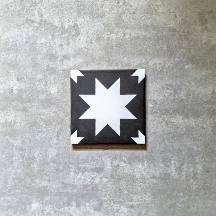 Kenitra Black Star Tiles | White & Black | Wall & Floor Tiles| 20cm x 20cm