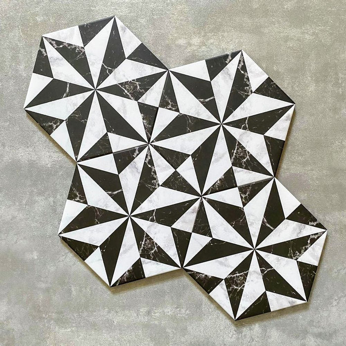 Plaza Marquina Black & Carrara White Hexagon 18.7cm x 21.6cm