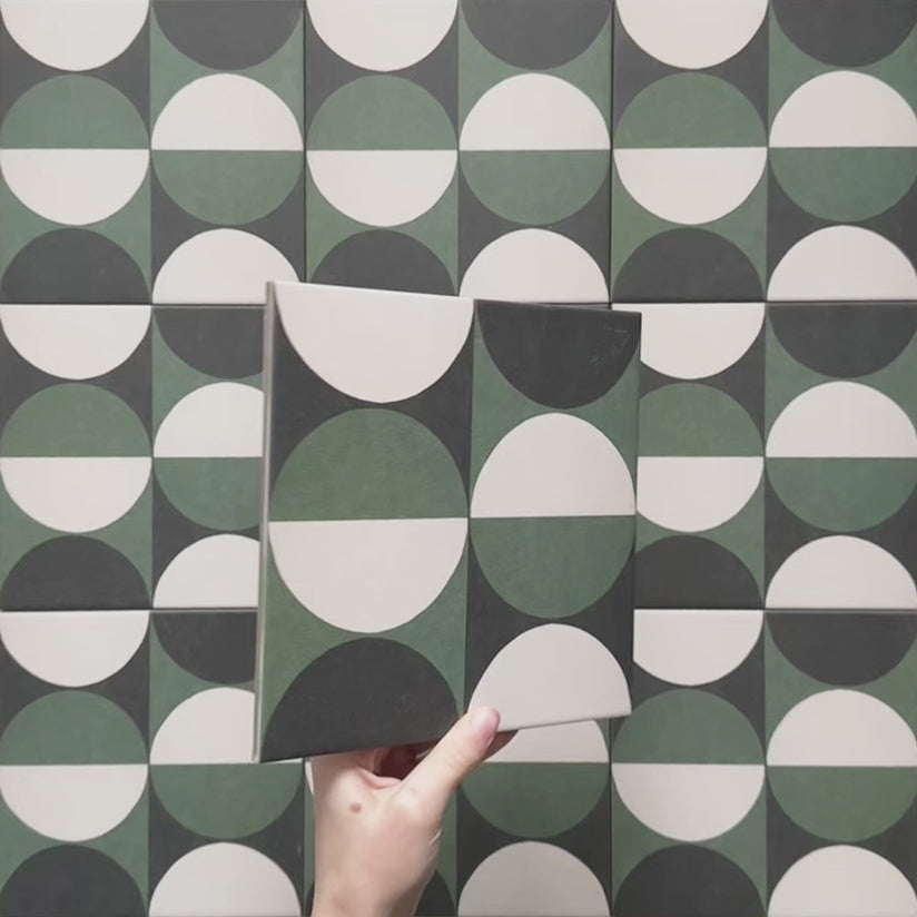 Video showcasing Geometry Circulo 20cm x 20cm patterned tiles, featuring a bold circular geometric design and contrasting tones that form a striking repeating pattern for statement walls and floors.