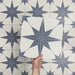 Video showcasing Pole Star Blue Moroccan-style 25x25cm patterned porcelain tiles, highlighting the blue star motif and repeating geometric design.