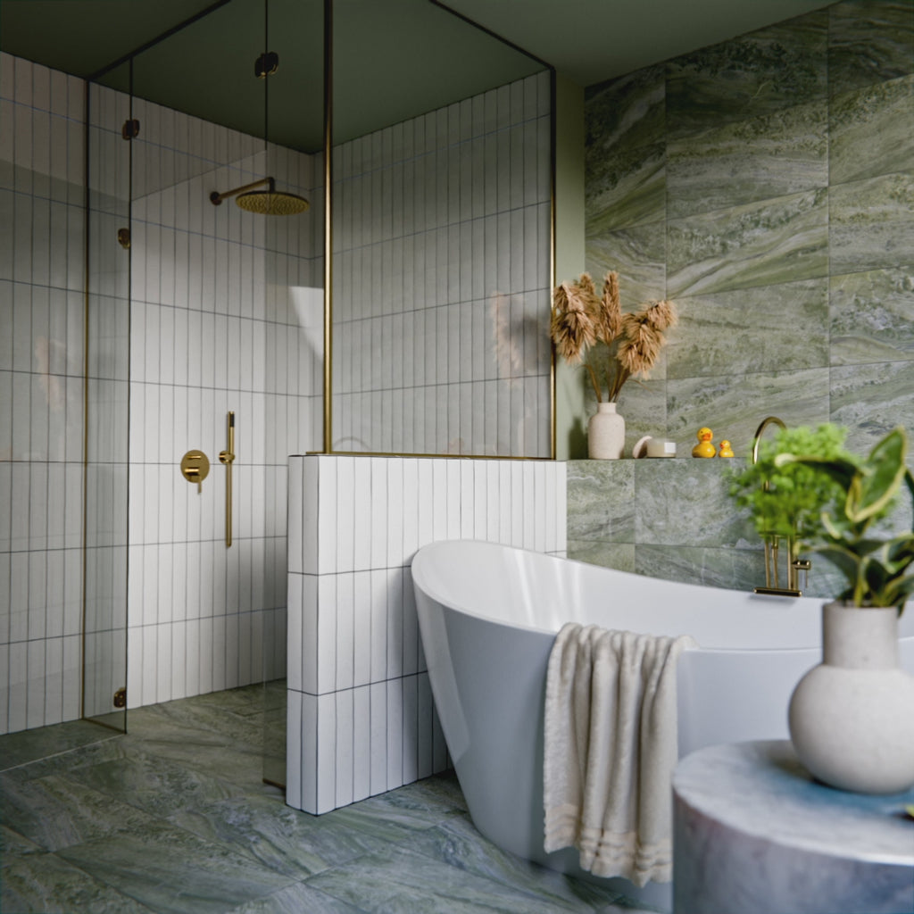 Bathroom featuring Malaga White Sand Brick gloss ceramic wall tiles in a 6.5 × 32.8cm format, laid vertically around the shower and bath for a clean, contemporary finish.