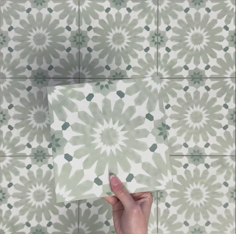 Video showcasing Fizaan Jade Green Moroccan-style 20×20cm porcelain tile featuring a soft green and white geometric star pattern.