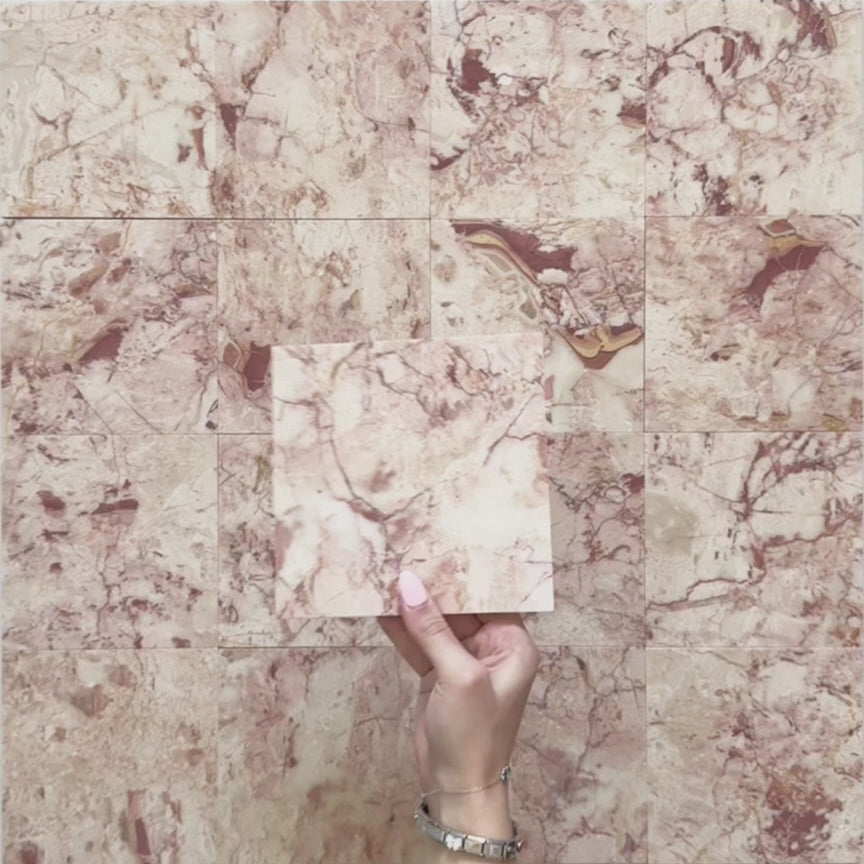 Video of Fitzrovia Sylvester Pink honed natural marble tile in a 15.2cm x 15.2cm square format, featuring soft blush pink, cream and warm terracotta veining with natural variation for a luxurious, timeless natural stone finish.