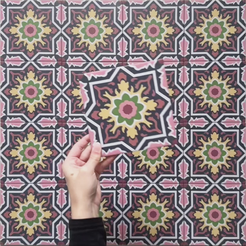 Video showcasing Cabana Havana Mini 15x15cm Moroccan-style ceramic tiles with a vibrant multicolour floral geometric pattern, highlighting surface detail and design.