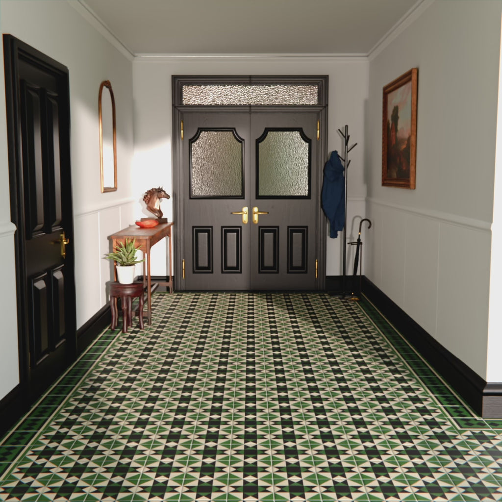 Video showcasing Maison Green Decor Victorian patterned 20x20cm ceramic floor tiles with green, black and white geometric design.