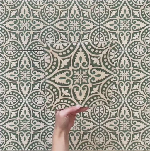 Video showcasing Cabana Flowers Moroccan Style 20x20cm tiles, featuring a repeating floral and leaf pattern in deep green and cream with a vintage encaustic finish and soft matt texture.