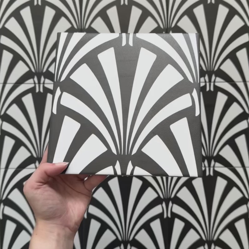 Alhambra Casa 20x20cm Moroccan tile video showcasing its bold black and white fan design in a modern Art Deco style, highlighting surface detail, matte finish, and pattern repetition — perfect for striking feature walls and floors.